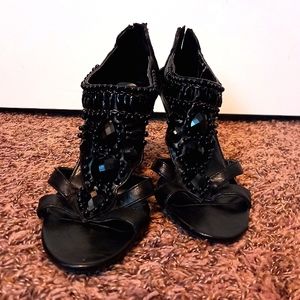 Ann Marino Black T-strap Jeweled High Heeled Sandals